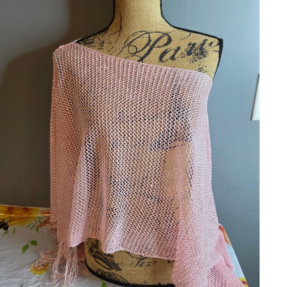 Nikka K Pink Metallic Knit Fringe Poncho Wrap Shimmer Mesh Cover Up Large